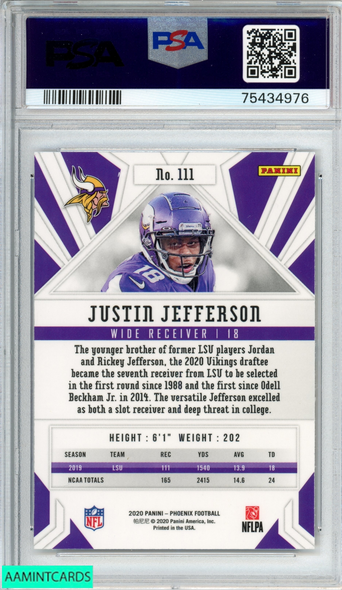 2020 PANINI PHOENIX JUSTIN JEFFERSON #111 FIRE BURST ROOKIE RC PSA 10 GEM MT 75434976